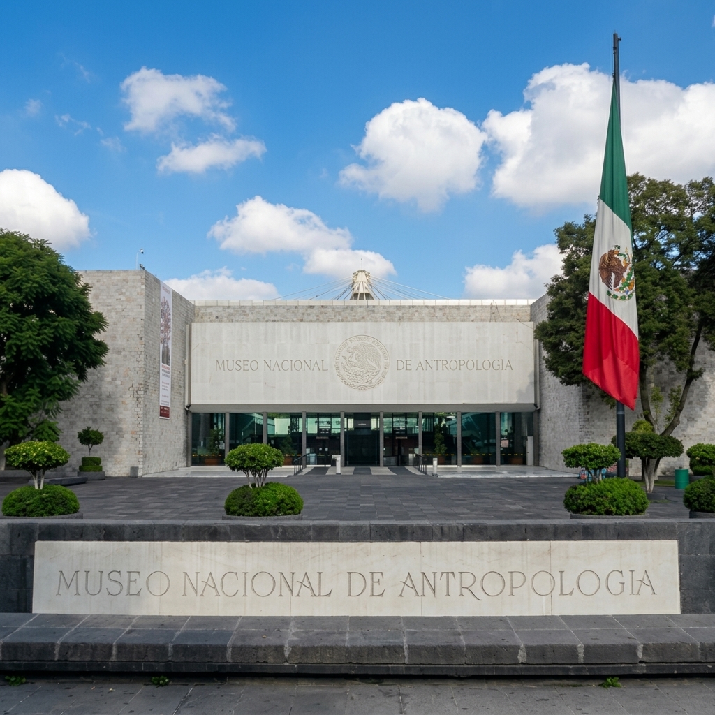 Entrance of the Museo Nacional de Antropología in Chapultepec, Mexico City, with the Mexican flag beside the facade